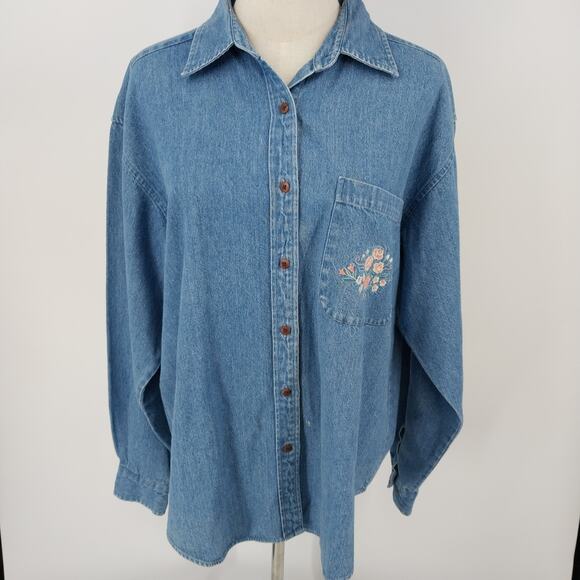 Hunt Club Womens Denim Long Sleeve Floral Embroidered Pocket Shirt Size L Cotton - Picture 1 of 12